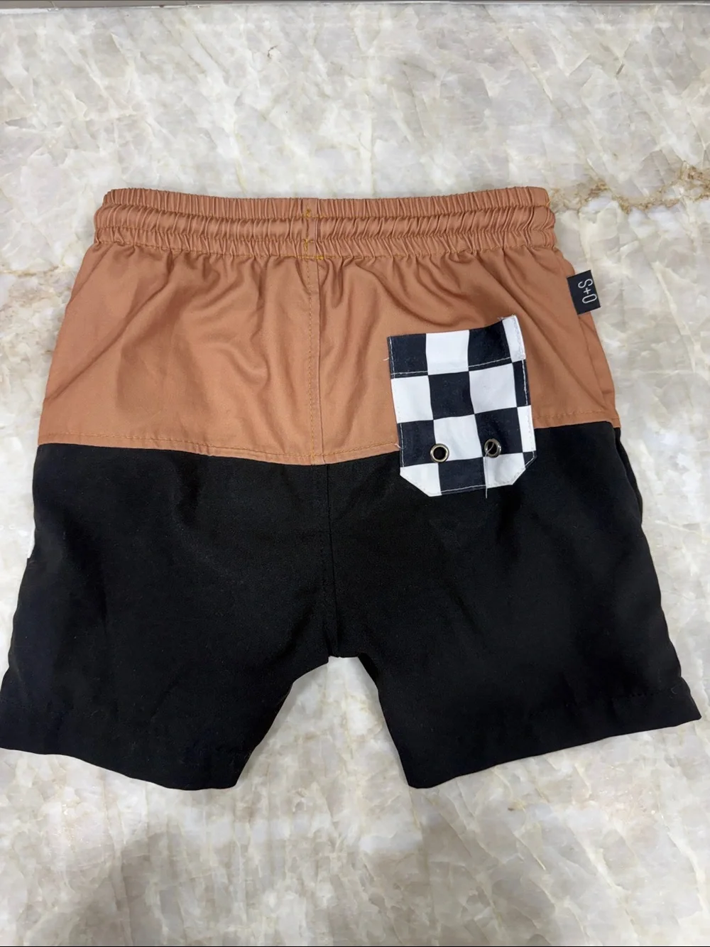 Kids Colorblock Swim Trunks with Checker Stripe - Brown/Black